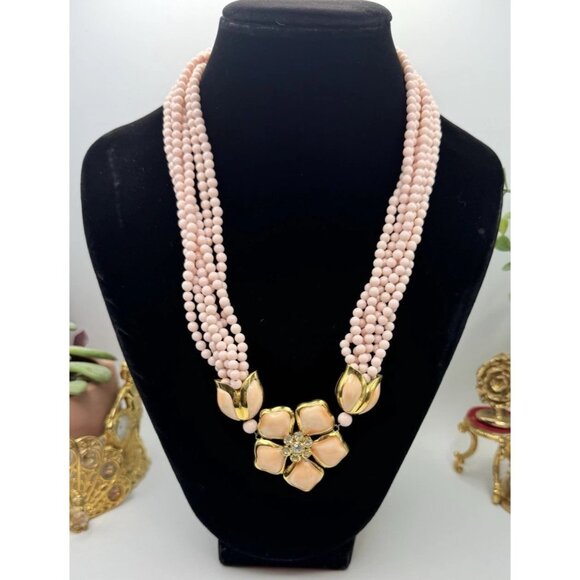 Vintage VB Pink Beaded Statement Necklace Gold Tone Enamel Flower Signed Rare - Picture 3 of 9